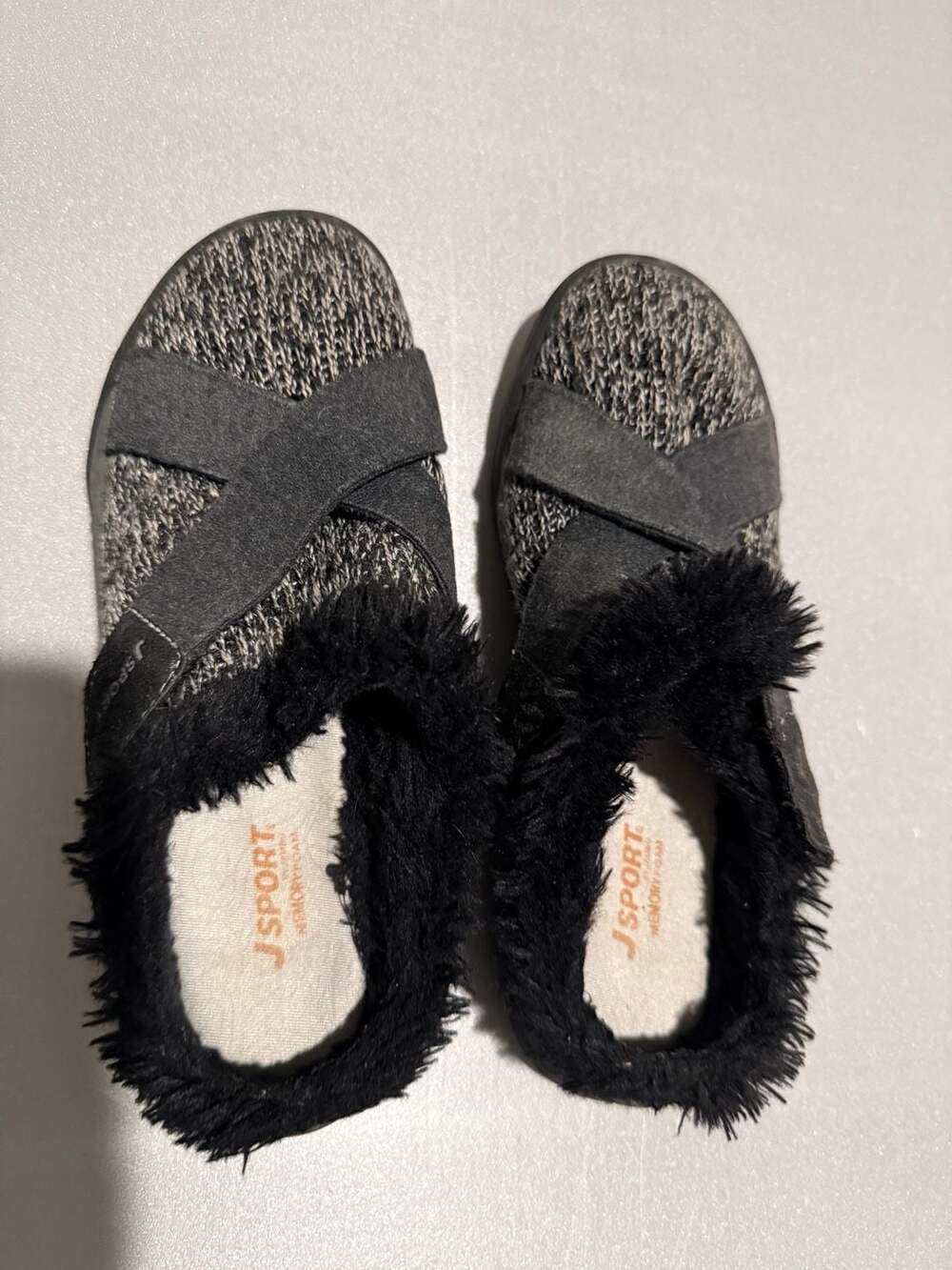 J Sport Slippers Black Memory Foam Faux Fur Cross Strap